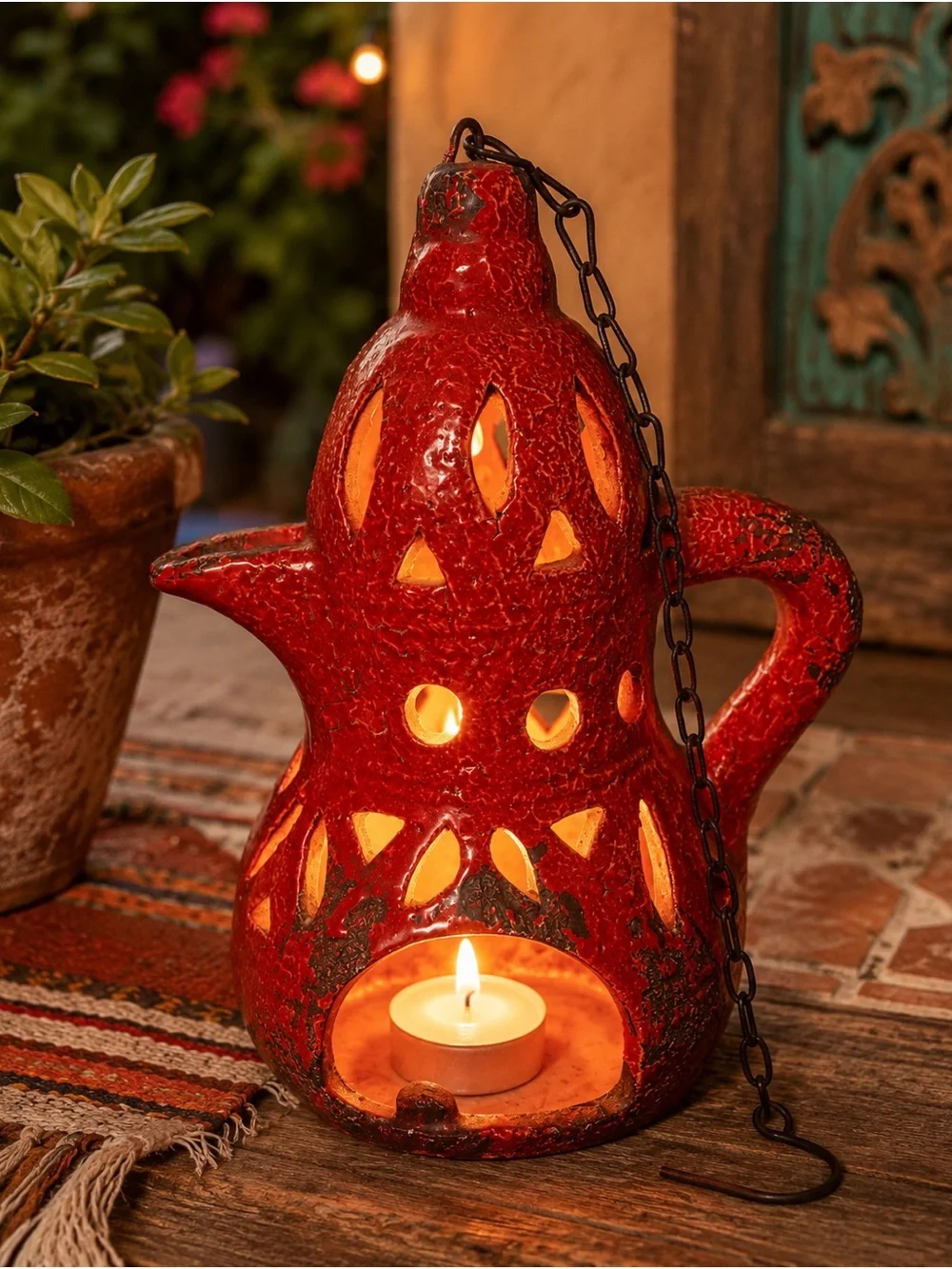 Rustic Red Pottery Lantern Candle Holder Hanging Tea Light Decor